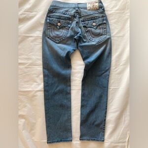 True Religion SuperT Straight Leg World Tour Jeans Thick Red Contrast Stitch 29w